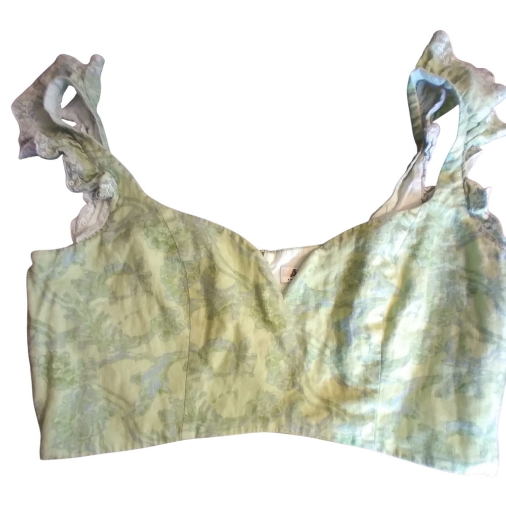 AMUR Light Green Floral Ruffle-Strap Crop Top